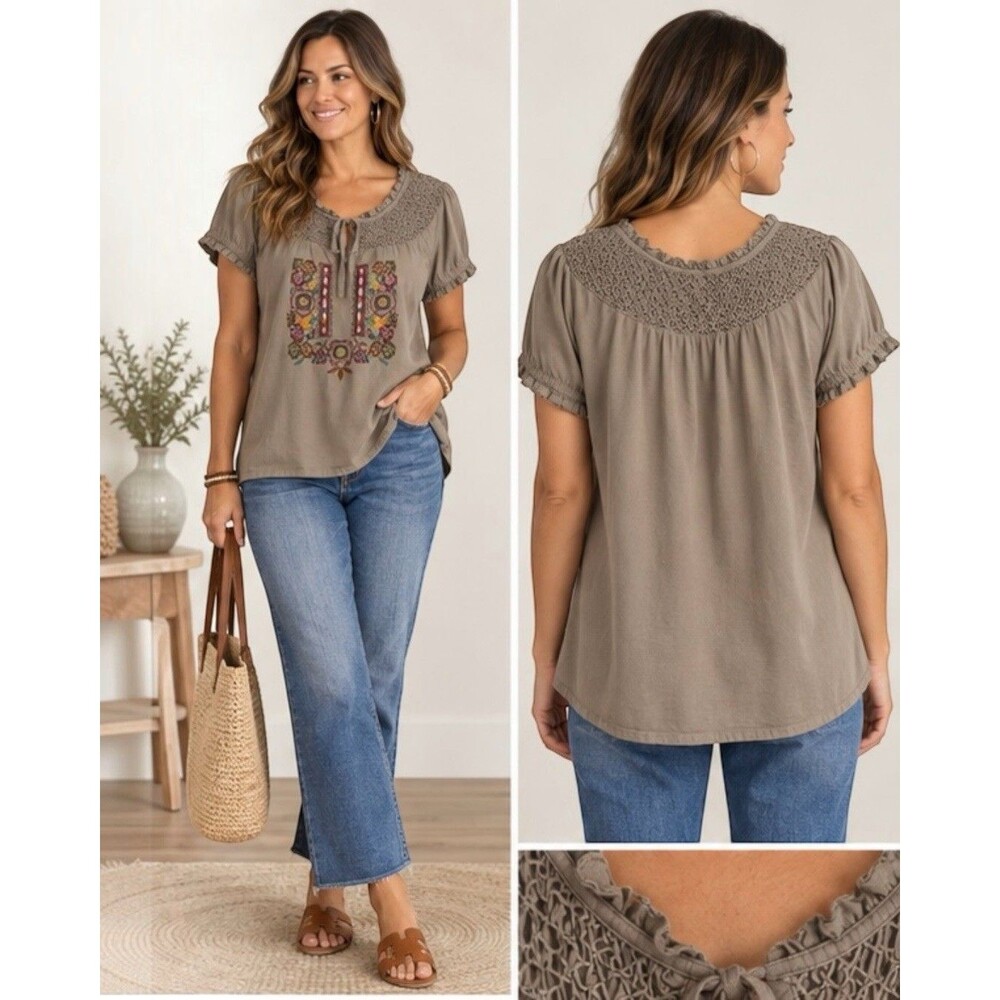 Sahalie Top Women L Brown Embroidered Floral Smocked Peasant Boho Cotton